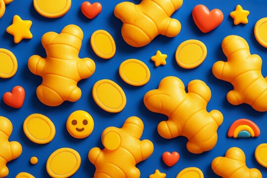Playful ginger root, emoji, and heart shapes in bright yellow and red tones on a vibrant blue background, showcasing a cheerful health concept. Ai generative