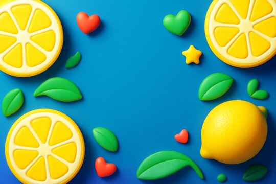 Bright creative lemon and fruit-themed background with colorful hearts, leaves, and citrus on a playful blue surface. Ai generative. Ai generative