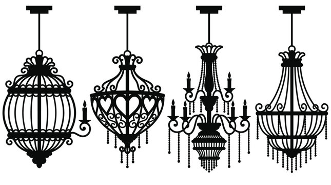 Vintage ceiling chandelier silhouette vector illustration set featuring ornate antique hanging lamps ceiling light fixtures and decorative crystal candelabras