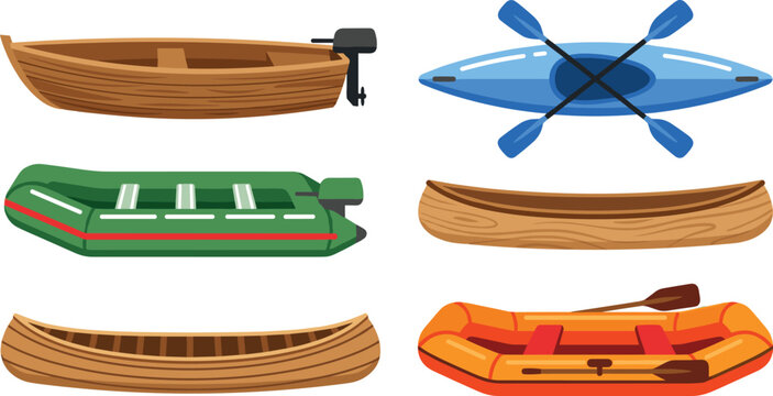 Water transport and recreational boat vector illustration set featuring wooden canoe motorboat blue kayak paddles inflatable dinghy and orange raft