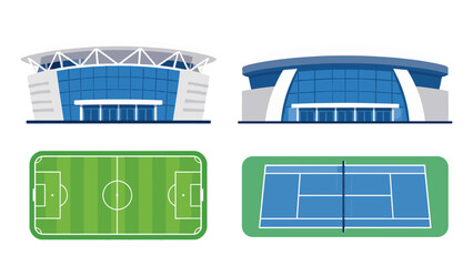 Obraz na płótnie Canvas Set of stadium facades with soccer field and tennis court