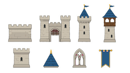 Medieval castle wall, gate, towers and banner vector set © Andrei