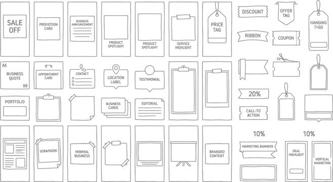 hand drawn business document and label template collection with tags folders forms certificates cards banners office stationery and vector design elements