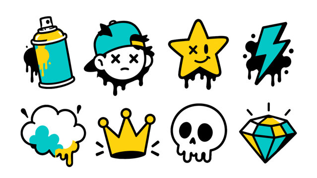 Cartoon doodle icon set with spray can, skull, star and crown