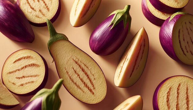 Elegant Flat Lay of Eggplant Textures Featuring Smooth Glossy Skins and Vibrant Purple to Tan Colors