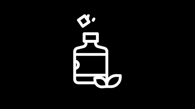 White line art icon of a bottle with leaves and a small cube falling into it