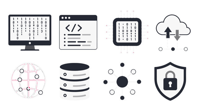 Set of technology and cybersecurity line icons on white