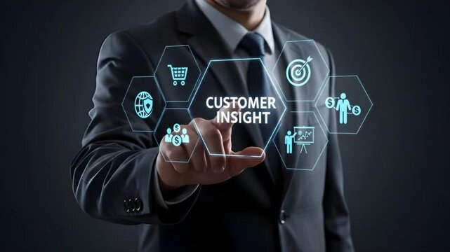 A businessman is touching a hexagonal holographic screen showing the words CUSTOMER INSIGHT and related icons like a target, a shopping cart, and people.