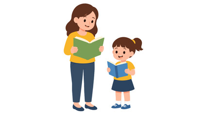 Obraz premium Woman and little girl reading books together illustration