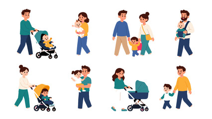 Fototapeta premium Set of parents with babies and children in flat cartoon style