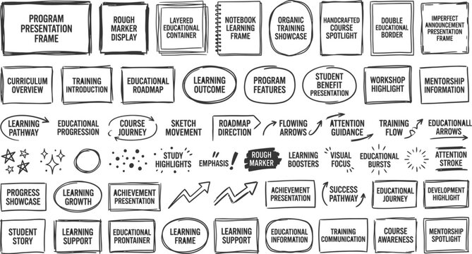 hand drawn educational labels and annotation collection with learning badges frames borders arrows callouts highlights stickers and vector design elements