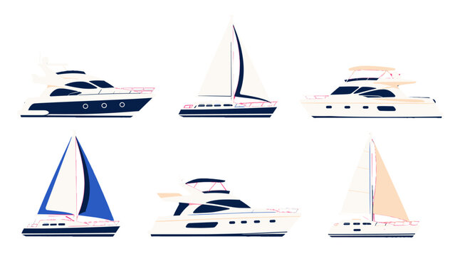 Set of yacht and sailboat side view vector illustrations