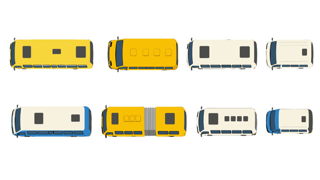 Set of city buses and vans seen from above in vector style
