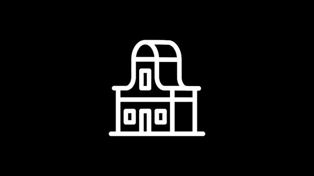Minimalist white outline of a unique building with a curved roof on a black background