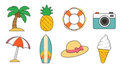 Obraz premium Set of summer beach icons with palm tree, surfboard and camera