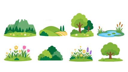 Obraz premium Set of cartoon landscape elements with trees, hills and pond