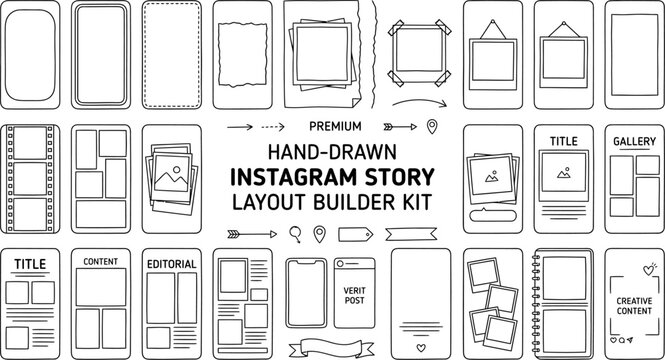 hand drawn instagram story layout builder kit with mobile frame templates social media post mockups content creation elements and digital marketing design assets
