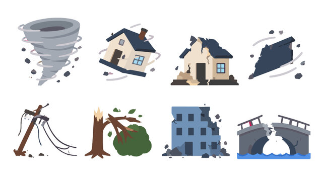 Natural disaster damage icons with tornado and broken buildings