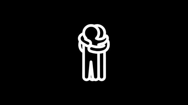 Simple white outline icon of two people hugging tightly against a black background