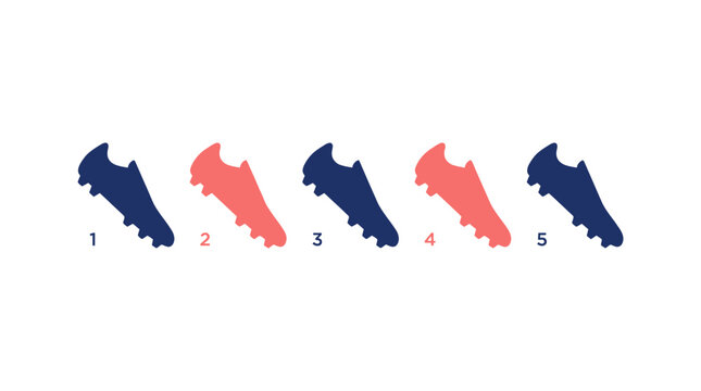 Set of five professional soccer football cleats presented in alternating navy blue and coral colors with numerical sequencing for athletic equipment inventory