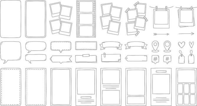 hand drawn social media templates and content creation frames collection with mobile post layouts sticky notes banners interface elements and digital marketing design assets