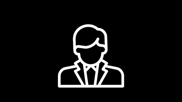 Simple white line icon of a man in a suit and tie on a black background