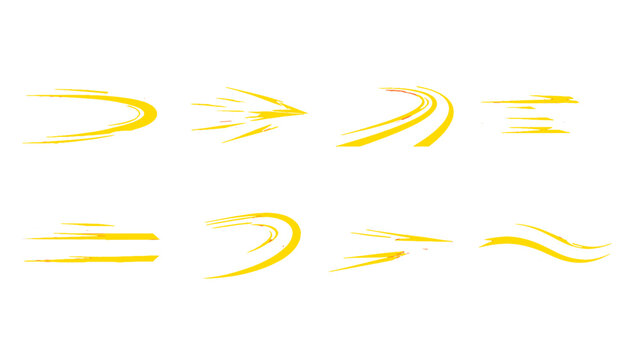 Set of abstract yellow speed streak and curved motion elements
