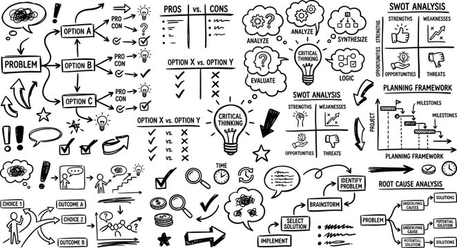 hand drawn business analysis and strategic planning doodle background with process mapping workflow optimization analytics problem solving innovation and management concepts