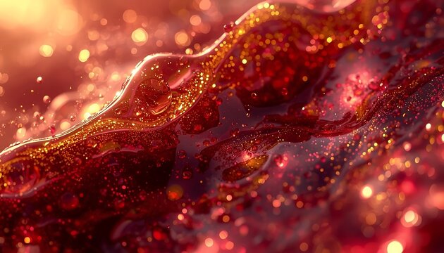 Abstract red liquid background with golden glitter particles, flowing glossy texture with bokeh light effects, luxury fluid design for creative projects