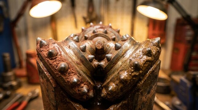 Mining Drill Bit Close-Up: A powerful and robust mining drill bit with multiple hardened teeth and a metallic finish, showcased in a workshop setting under focused lighting.