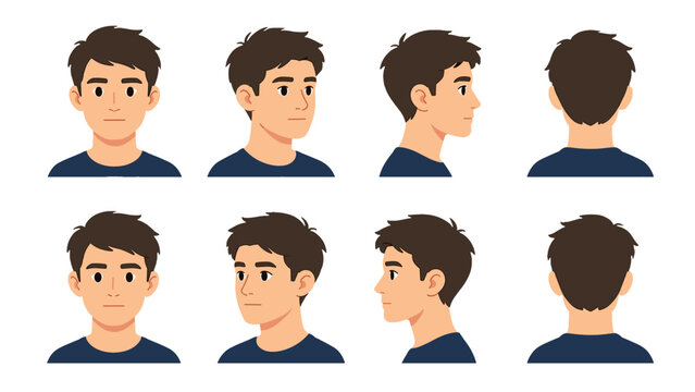 Male head character turnaround with front side and back views