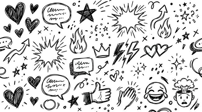 hand drawn social media reaction doodle collection with hearts emojis likes engagement symbols communication expressions and digital interaction elements