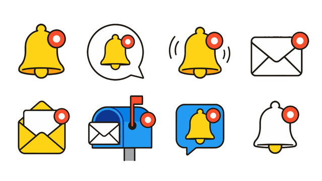 Notification and email alert icon set in flat outline style