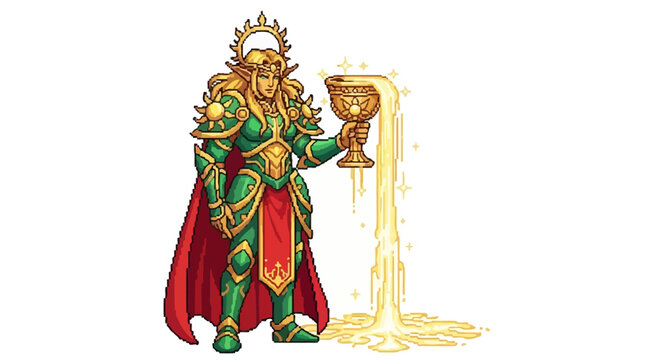 Fantasy Elf King Holding Golden Chalice Pouring Liquid.