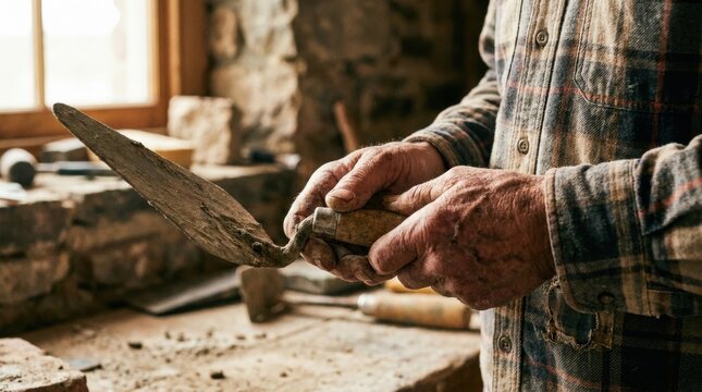 Artisan's Hands: Close-up of weathered hands skillfully holding a trowel, ready for the meticulous work of masonry, hinting at a life of craftsmanship and dedication.