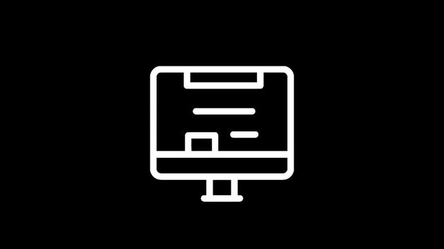 Simple white computer monitor icon on a black background, representing digital information and technology