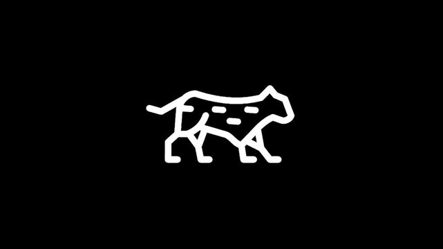 Minimalist white line art of a spotted cat walking on a black background