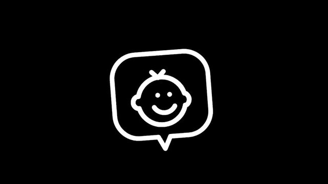 Simple white outline icon of a smiling baby face inside a speech bubble on black background