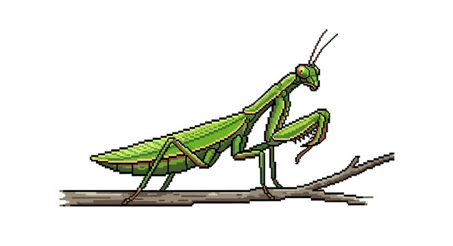 Detailed Illustration of a Green Praying Mantis Perched on a Twig.