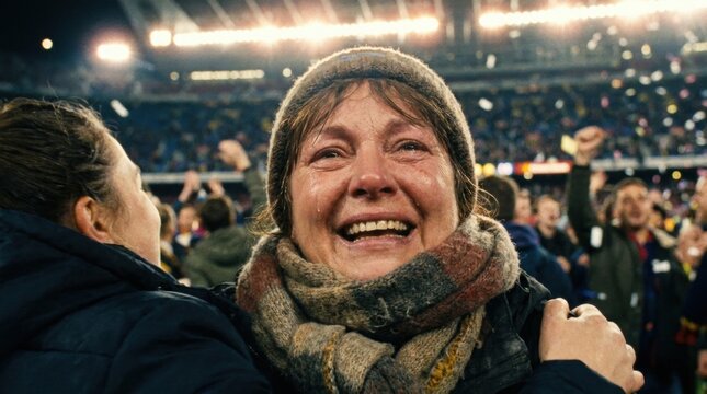 Overwhelmed with Joy: A woman, tears of happiness streaming down her face, celebrates passionately with a crowd at a stadium event, her joy palpable and infectious.