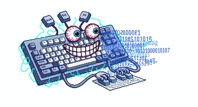 Funny Computer Virus Character with Keyboard and Mouse.