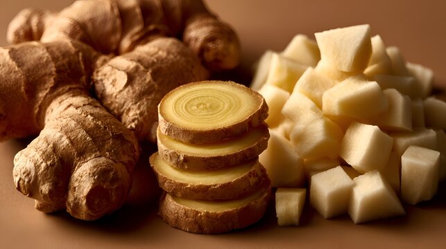 Close up of sliced and cubed ginger root with whole ginger rhizomes arranged on a brown surface creating a warm and natural food backdrop.