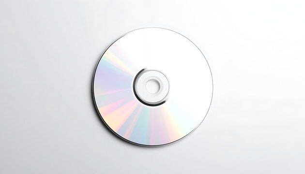Isolated optical disc with rainbow spectrum reflection on plain surface, digital data storage