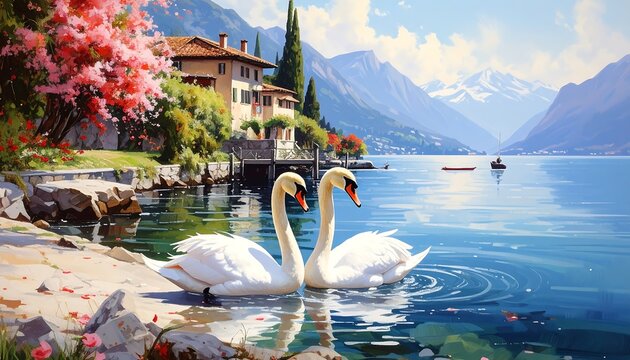Romantic lake scene with two swans, flowering trees, and a mountain backdrop