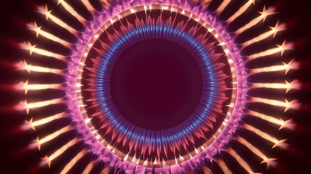 Light patterns move in circles with bright colors and waves at a digital art display event in a large indoor space