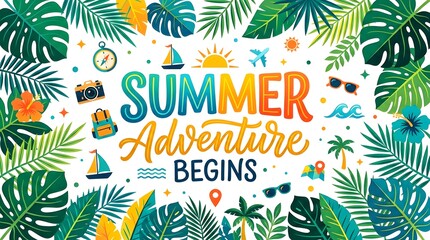 Obraz premium Summer adventure begins text surrounded by tropical jungle leaves and travel icons on white background.