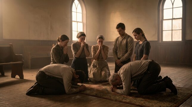 Devout Congregation in Prayer: A group of people in historical attire gather in a church, kneeling on rugs and bowing their heads in solemn prayer.