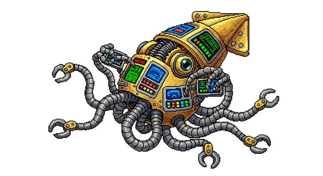 Intricate Mechanical Squid Robot with Glowing Screens.