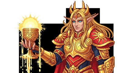 Obraz premium Golden Elf Warrior Holding Luminous Chalice.