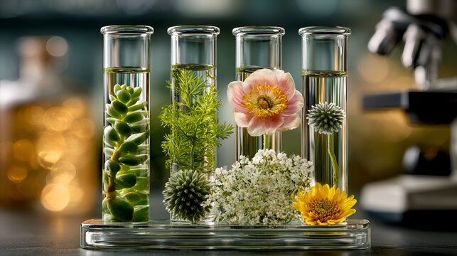 Botanical specimens are suspended in test tubes filled with oil du scientific experiment in a lab for cosmetic research and development.